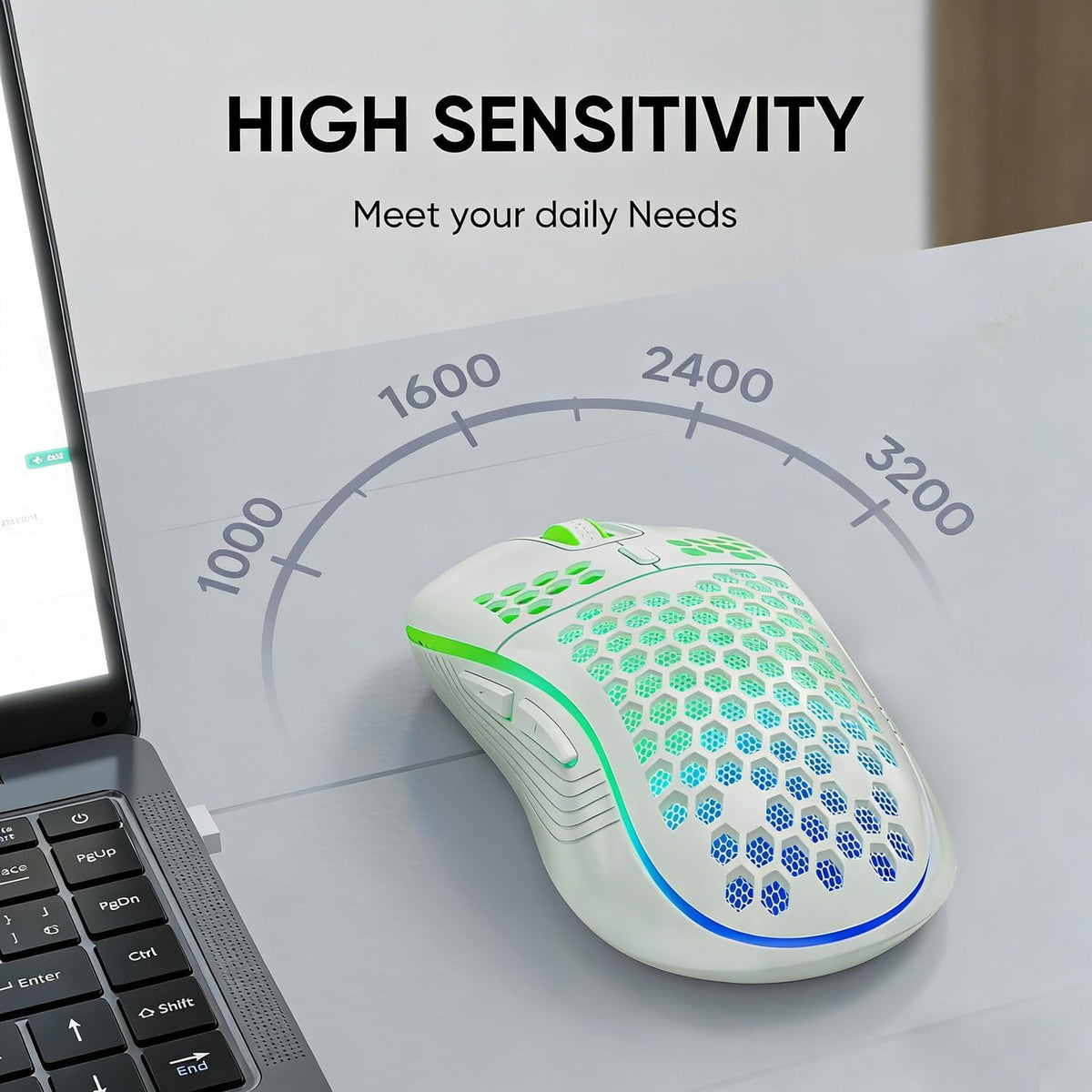 MELOGAGA Wireless Gaming Mouse RGB Rechargeable Lightweight Honeycomb White | 7-Color LED Light, 4 DPI Levels, USB-C Recharge & Stable 2.4G Wireless for PC Mac Laptop Desktop Computers