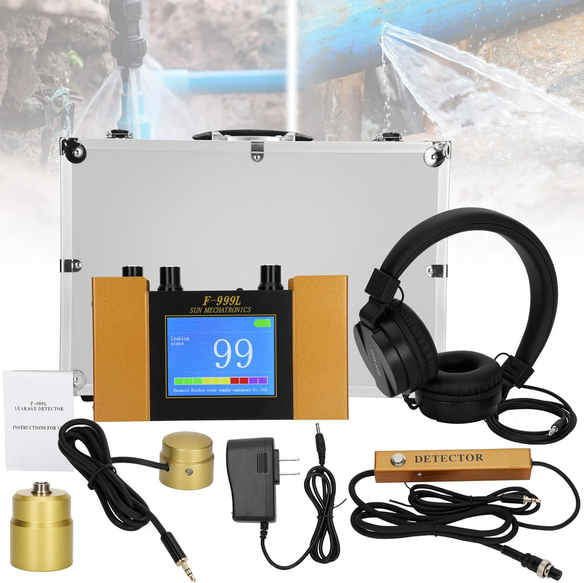 Underground Water Leak Detector, Water Pipe Leak Detector, Two Size Sensors Precise Positioning, High-Sensitivity Digital Display Leakage Sensor, Carrying Case