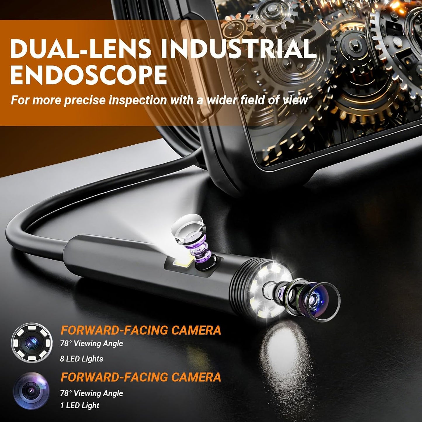 Dual Lens Endoscope Camera with Light, 1080P Borescope | 5" IPS screen inspection camera with 16.5FT semi-rigid snake cable & 32GB card for automotive plumbing