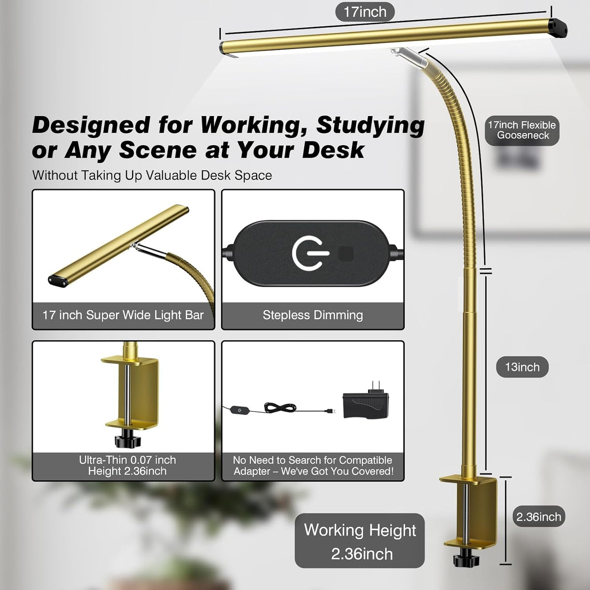 Airlonv LED Desk Lamp with Clamp, 17" Stepless Dimming Light, Gold