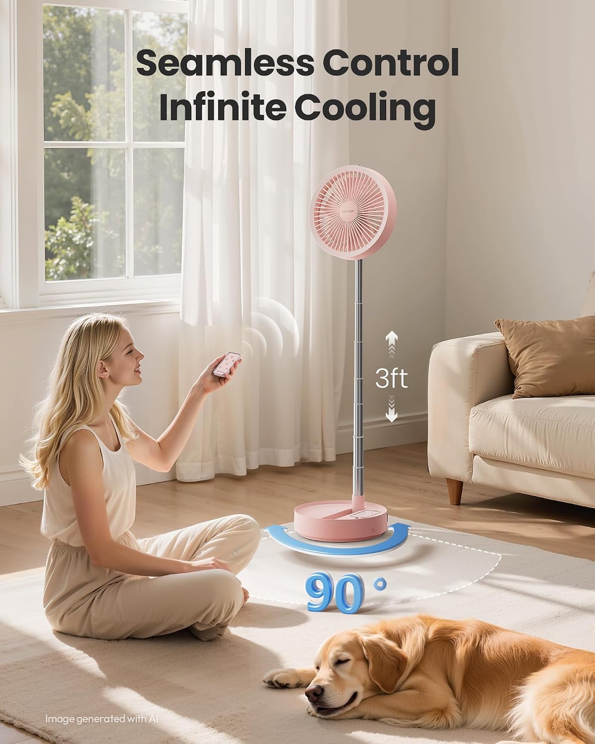 Gaiatop Portable Pedestal Fan 16000mAh Battery [Max 74h Runtime], Foldable Oscillating Standing Fan, Collapsible Desk Fans, LED Light, Case & Remote Control, 4 Speeds for Outdoor Travel Camping (Pink)