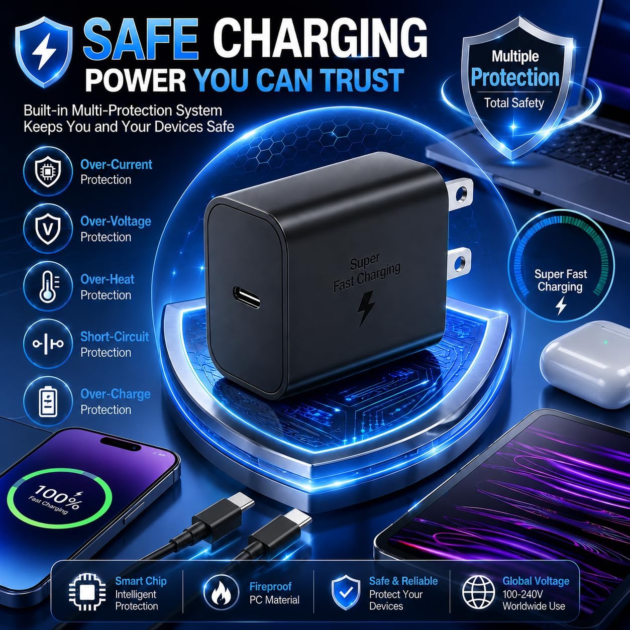 2Pack USB C Super Fast Charger for Samsung S26 S25 Ultra with 10FT Cables | PD PPS Type C Wall Charger for Galaxy S26/S25/S24, iPhone 17/16/15 and iPad; includes 2 chargers and 2 x 10FT USB C cables