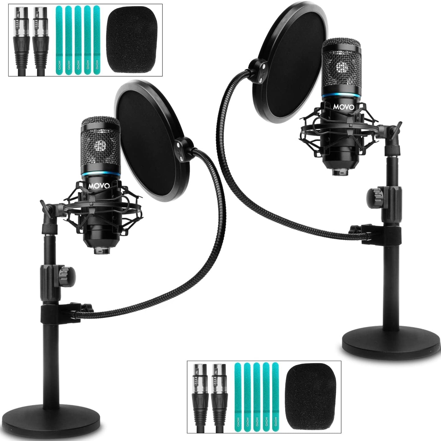 Movo PodPak4T 4-Pack Universal XLR Podcast Microphone Bundle- Includes 4 Cardioid Condenser Mics, Desktop Mic Stands, Pop Filters, Shock Mounts, and Cables for Podcast Equipment