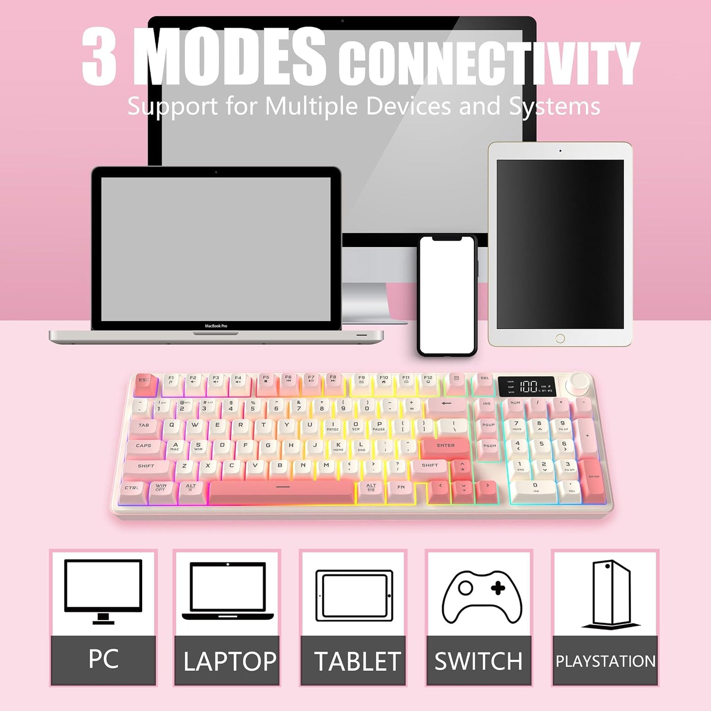 KimHong Wireless Keyboard, Quiet Keyboard for Work, Creamy Keyboard with Number Pad, RGB Gaming Keyboard, Tri-Mode BT5.0/2.4GHz/USB-C, 98 Keys, for PC, Mac, Gaming Console
