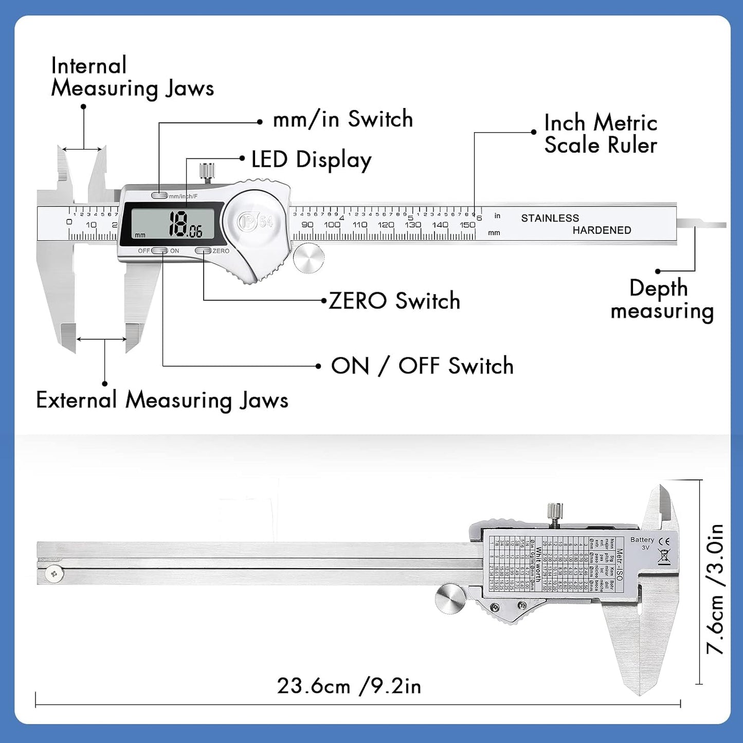Electronic Digital Calipers, inch and Millimeter Conversion,LCD Screen displays 0-6" Caliper Measuring Tool, Automatic Shutdown, Suitable for DIY/Jewelry Measurement (150mm inch/mm/Fraction)