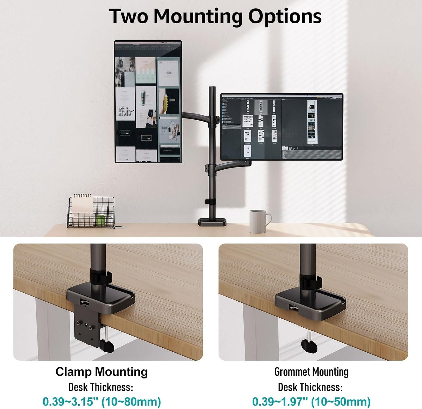 MOUNT PRO Vertical Dual Monitor Mount, Stacked Monitor Stand for 2 Computer Screens up to 32 inches, Full Motion Adjustable Tall Display Desk Mount, Each Arm Holds up to 17.6lbs, VESA Mount