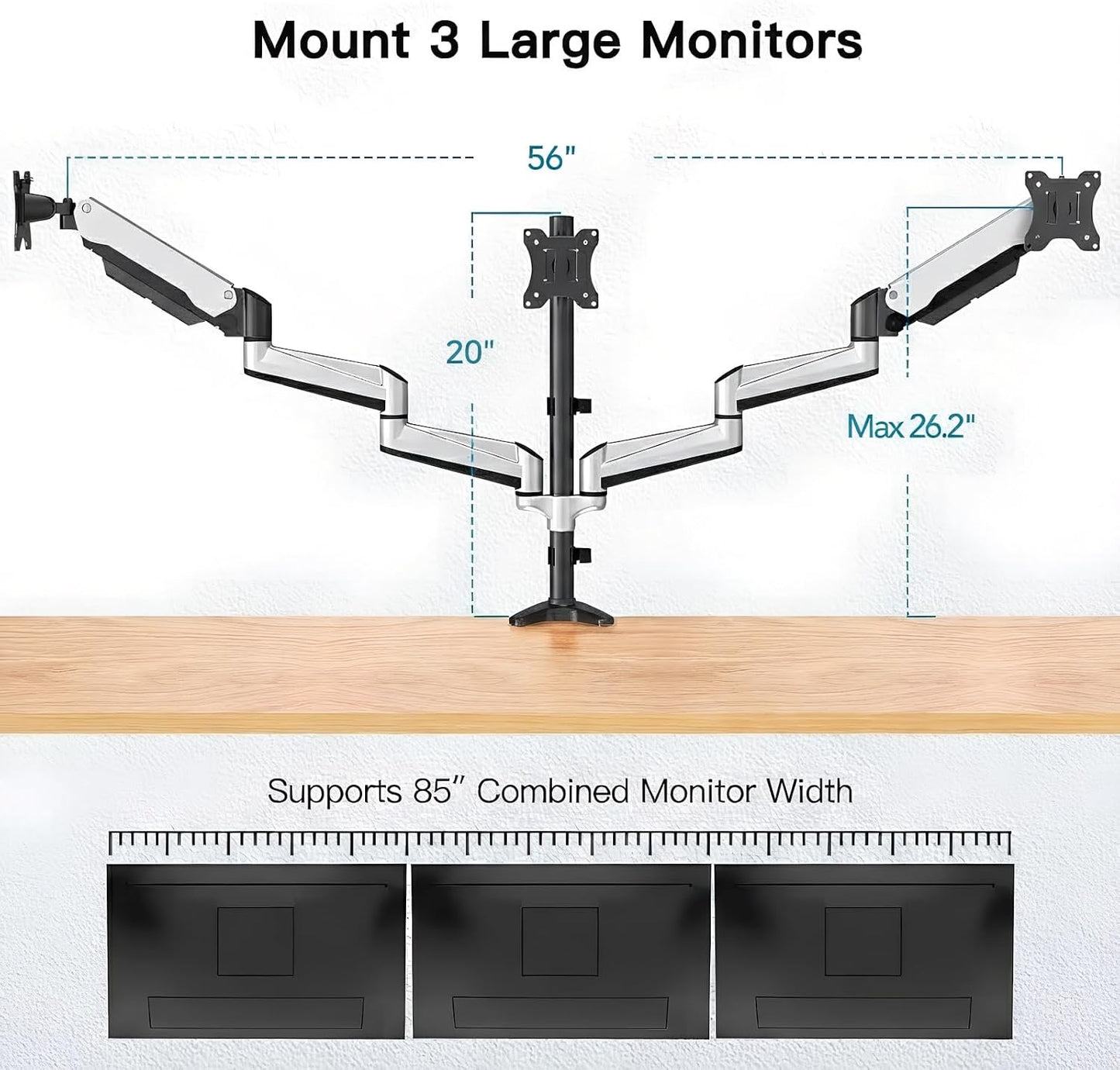 HUANUO Gaming Triple Monitor Stand, Full Motion Articulating Triple Monitor Mount Fit 17 to 32 inch Flat/Curved LCD Computer Screens with Clamp, Grommet Kit, Silver