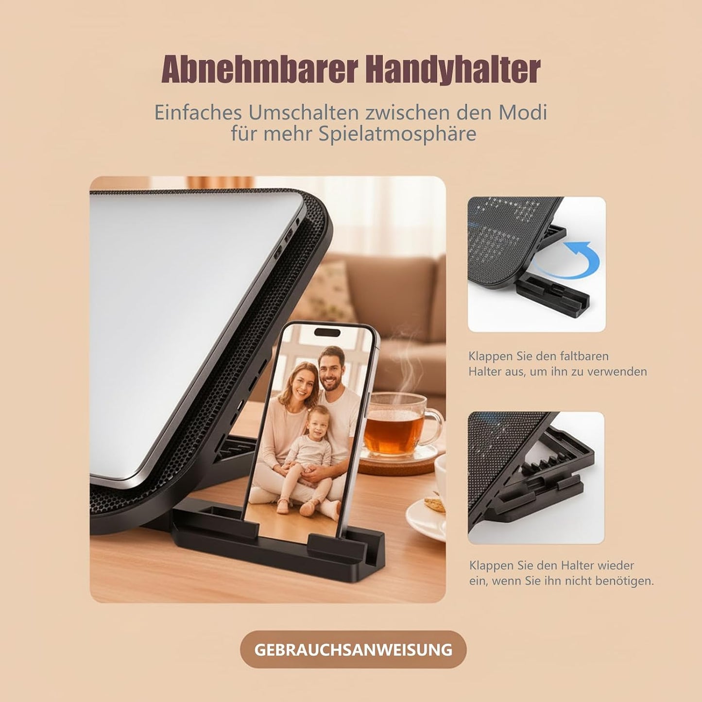 Laptop Cooling Pad with 3 Quiet Fans, 5-Level Height Adjustable Ergonomic Stand, 2 USB Ports & Phone Holder, Fits 12-17 Inch Laptops, Family-Friendly for Gaming/Work/Online Class,