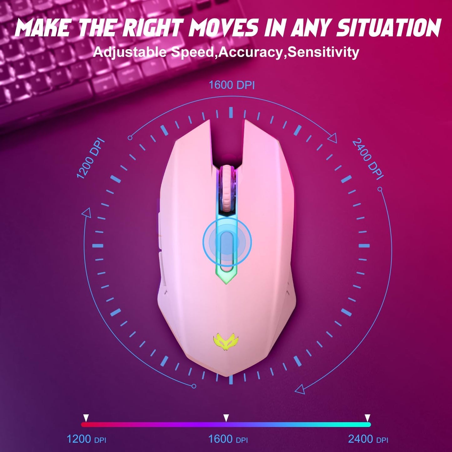Wireless Gaming Mouse, Rechargeable Computer Mouse, 7-Color LED Light, Ergonomic Mouse with 6 Silent Click Buttons, 3 Adjustable 2400 DPI Wireless Mouse for Laptop,PC,Mac, Pink