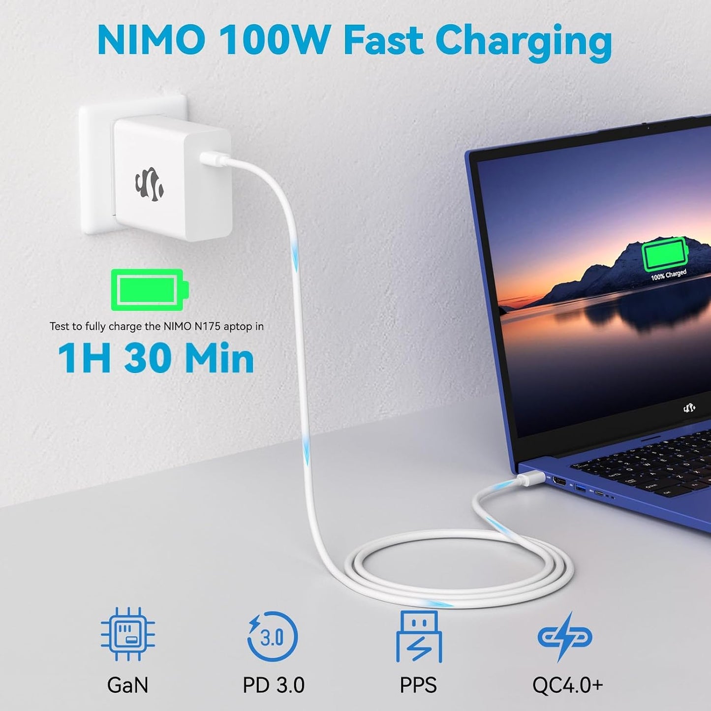 NIMO 65W GaN USB C Fast Charger, Compact PD 3.0 Adapter with 6.6ft Cable, Reliable Laptop Power Block for MacBook Pro/Air, iPhone-17/16 Pro Max, iPad, Sam-sung-S26/S25, PPS Charger for Travel Office