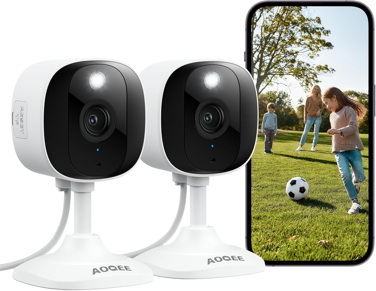 AOQEE 2K Cameras for Home Security, Indoor/Outdoor, Full Color, C1 2Pack | 2.4G Wired Outdoor/Indoor Camera for Dog/Cat/Pet/Baby, Color Night Vision, Home Security with White Light, 24/7 TF Recording