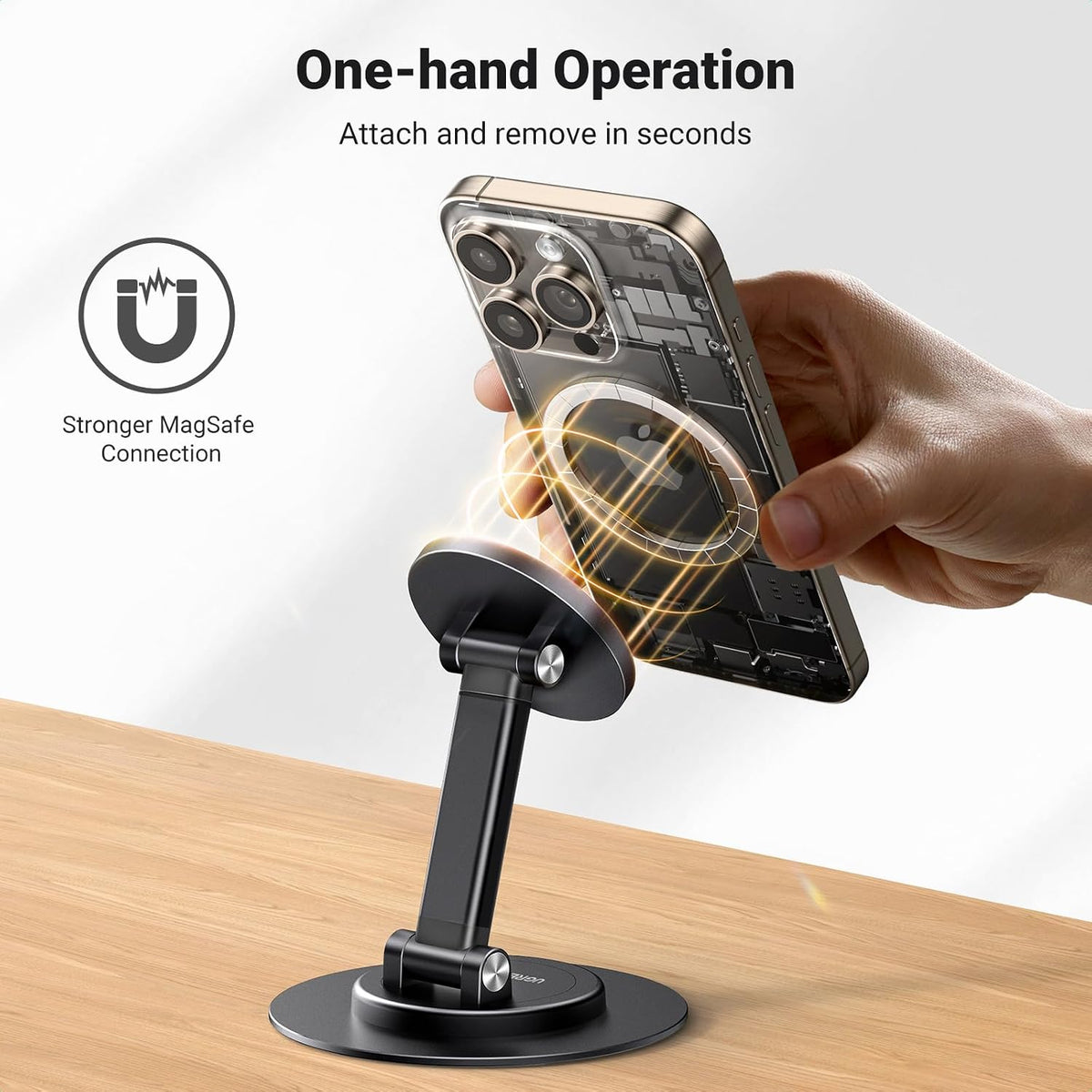 UGREEN Magnetic Phone Stand for MagSafe, Height Adjustable iPhone Stand for Desk with 360° Rotation Compatible for iPhone 17 Air 16 Pro 15 Pro Max 14 Plus 13 12 and MagSafe Case, Black