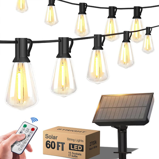 Stright 60FT Solar String Lights Weatherproof 15 LED for Patio Holiday | Weatherproof with Remote, Solar Powered LED Edison Bulb, 15 Sockets, For Patio Backyard Fence