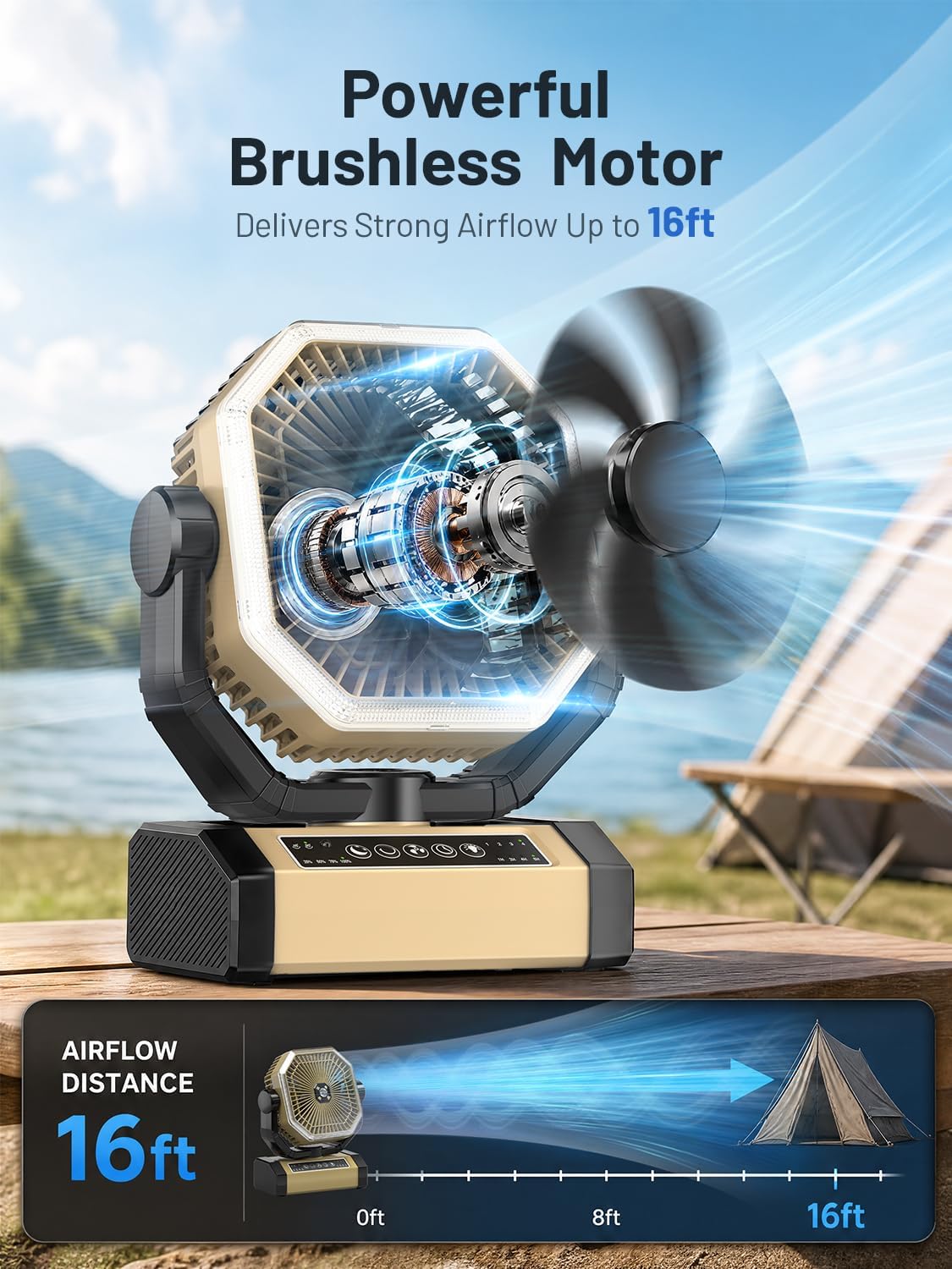 Orteen Camping Fan Rechargeable - 9-Inch Battery Powered Fan, 24000mAh(60Hrs) Battery Operated for Camping, Auto Oscillation Cordless, Tent Fan with Remote/Light, 4 Speeds, 4 Timing, Outdoor
