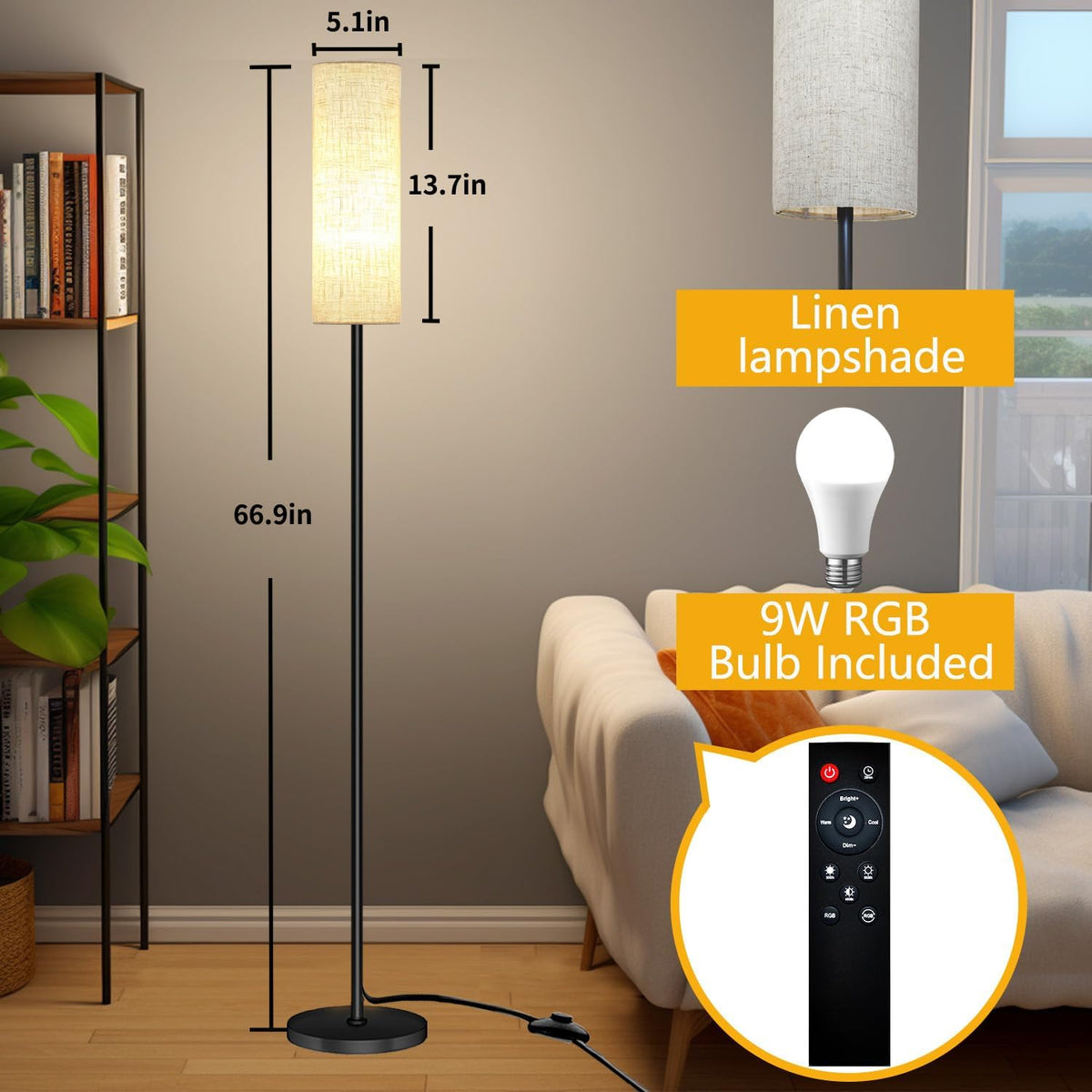 Qaubauyt Smart LED Floor Lamp with APP Control & RGB Colors - Dimmable Standing Lamp for Living Room, Bedroom, Gaming - Remote, Timer, 9W Bulb Included, 67" Modern Tall Lamp (C:Black Beige)