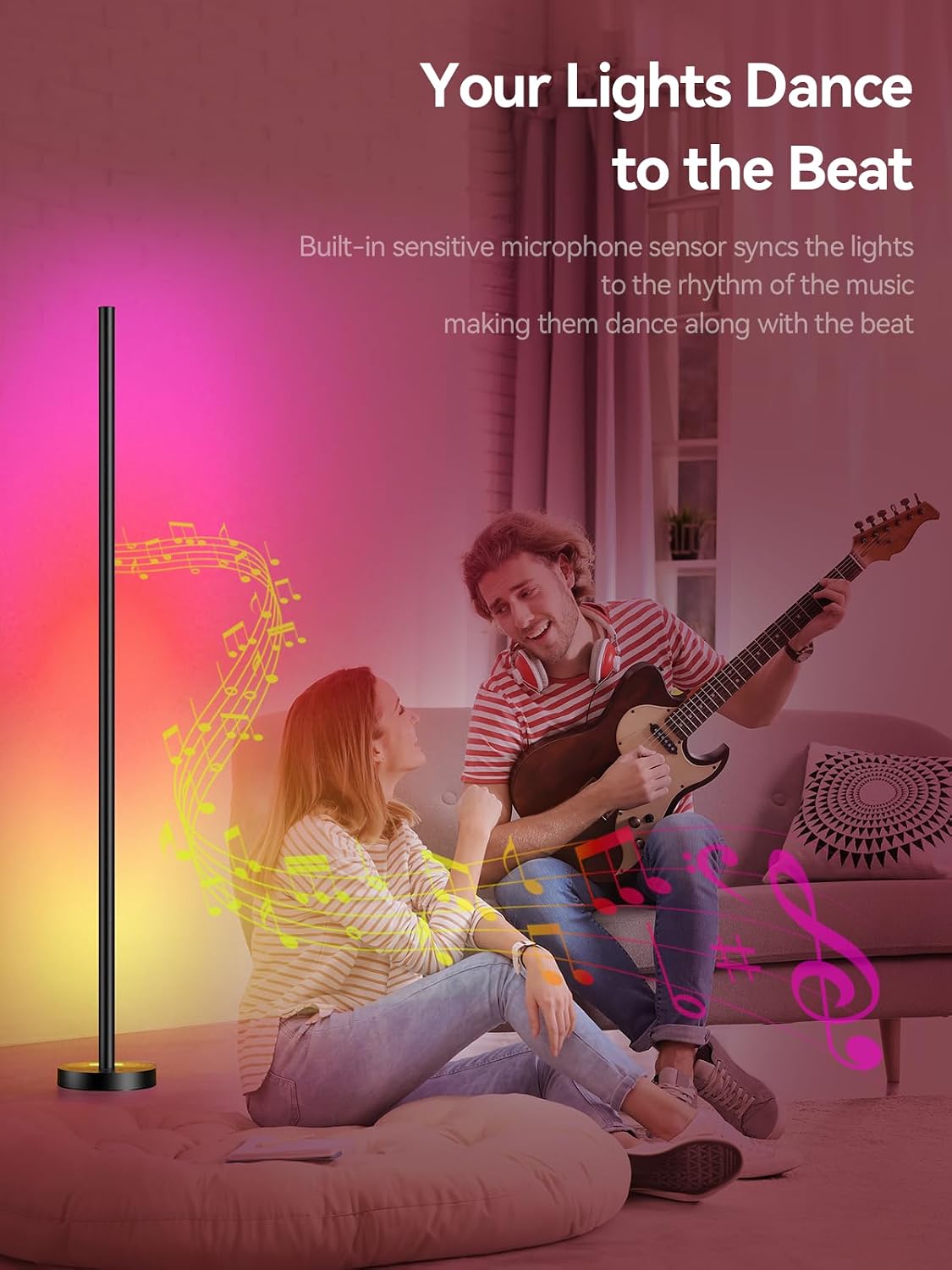 OIYN Smart RGBICW LED Corner Floor Lamp - 16 Million DIY Colors, 68+ Scenes, Music Sync, App &amp; Remote Control, Color-Changing Ambient Lighting for Living Rooms, Bedrooms, and Gaming Rooms