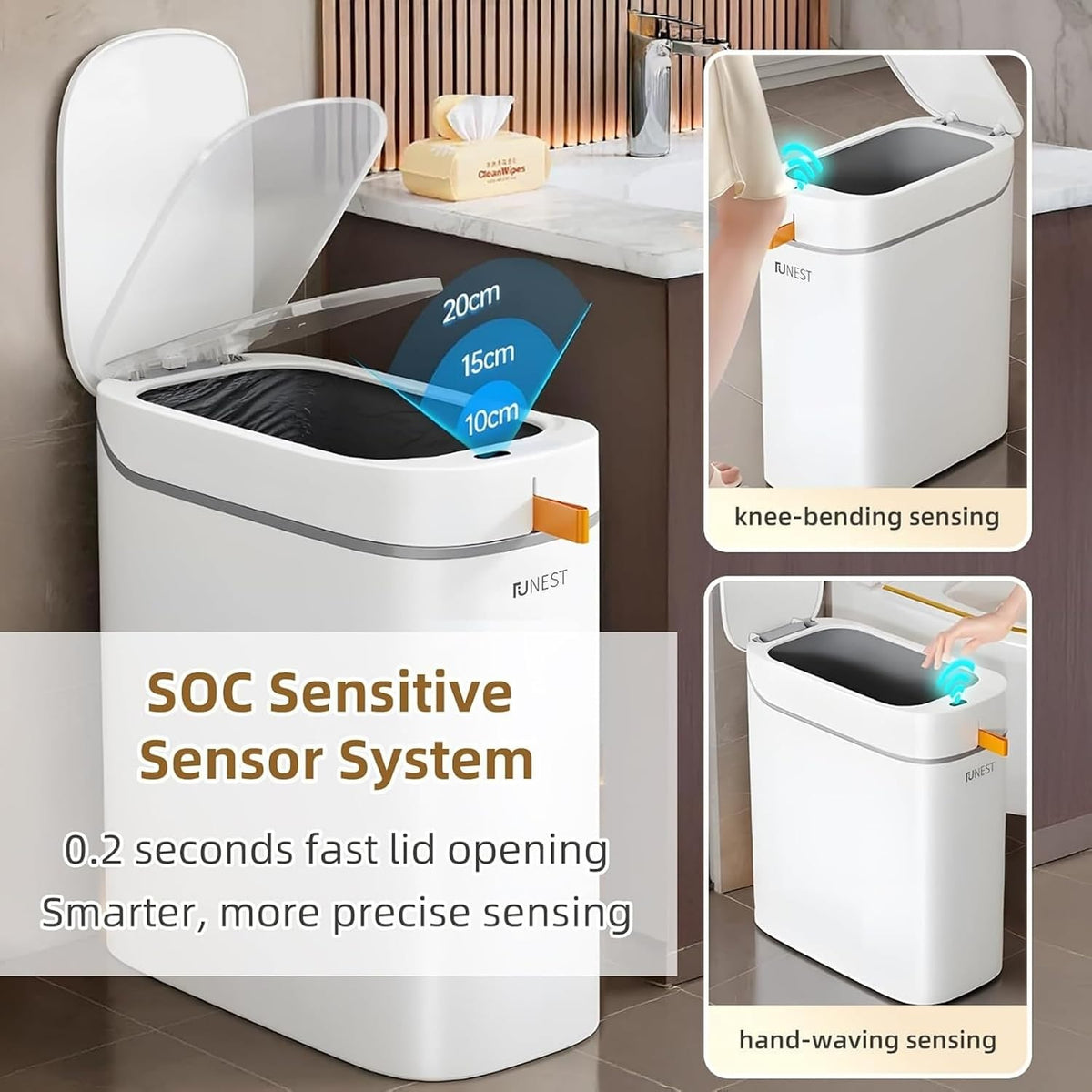 3.5 Gal Rechargeable Motion Sensor Bathroom Trash Can with Lid, Bag Suction