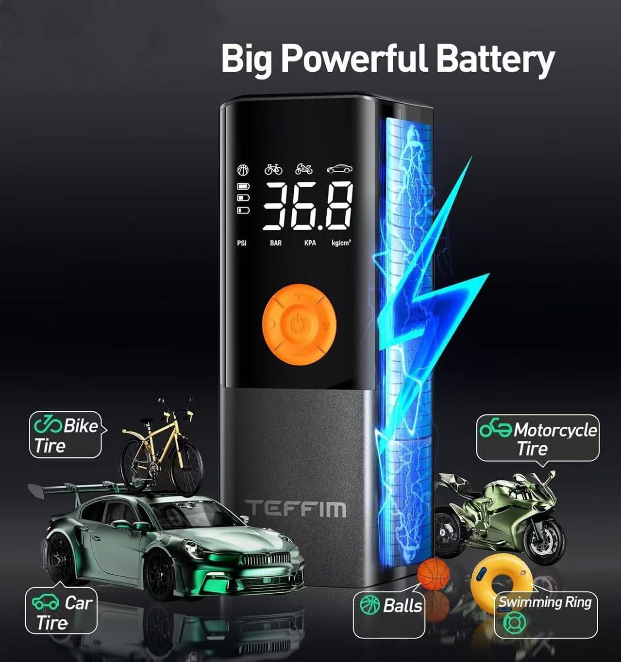Teffim Tire Inflator Portable Air Compressor, Air Pump for Car with Pressure Gauge,Tire Inflator for Car Motorcycle Bike Pump