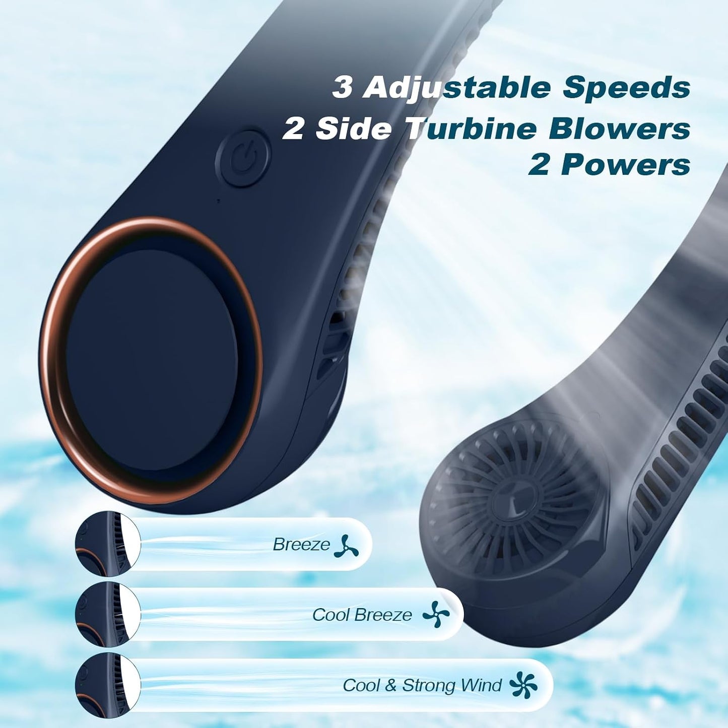 CIVPOWER Neck Fan: Portable Personal Neck Cooling Rechargeable Bladeless Fan - Hands Free 3 Speed 4000 mAh Battery USB Operated Wearable Headphone Design - Gift for Men Women Outdoor (Dark Blue)