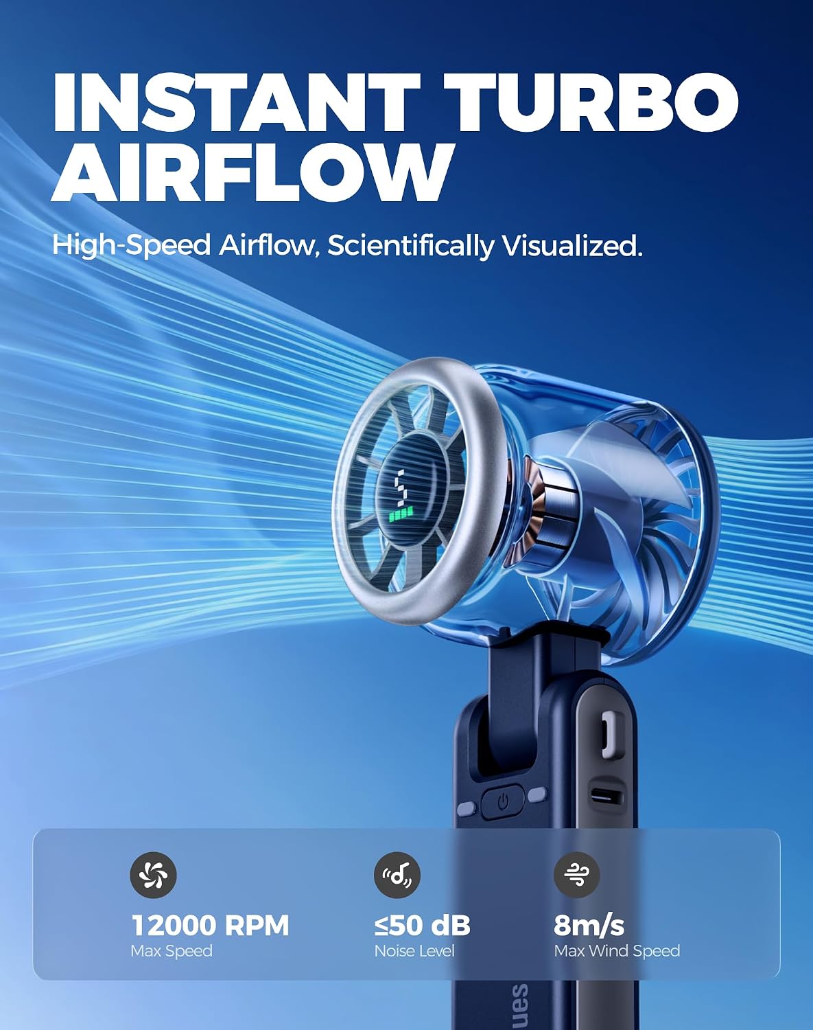 Diveblues Portable Handheld Turbo Fan, 5 Gear Wind, Battery Operated, Up to 12 Working Hours, 3 IN 1 Hand Fan with Air Turbo Tech Cooling Fan for Outdoor Activities, Travel, Working
