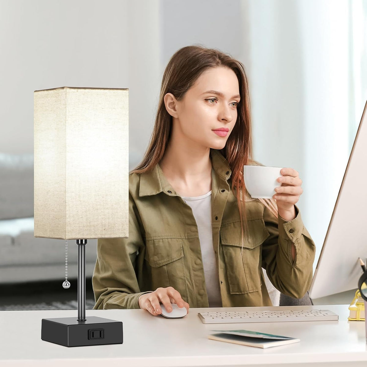 15'' Bedside Table Lamp for Bedroom Small Night Light Lamps for Night stand | Pull Chain Table Lamps for Night stands with AC Outlet，desk lamp with 2 Bulbs Lamp for Living Room Kids Room Office Decor