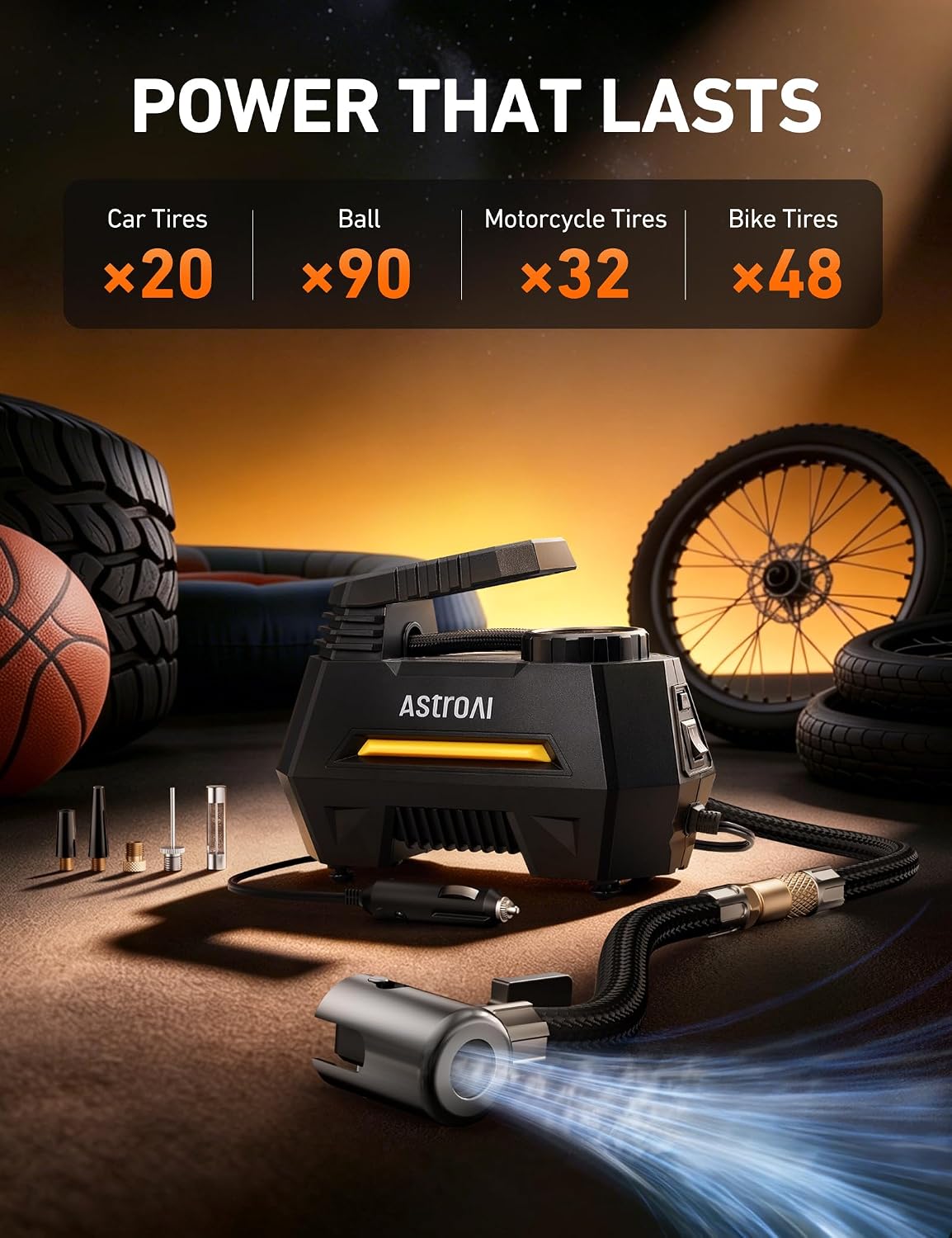 AstroAI AIRUN H Tire Inflator Portable Air Compressor, 12V DC Tire Inflator, Auto Shut-Off with Digital Pressure Gauge & LED Light, Fast Inflation for Car, Motorcycle, Bike Tires, 9.8Ft Cord, Yellow