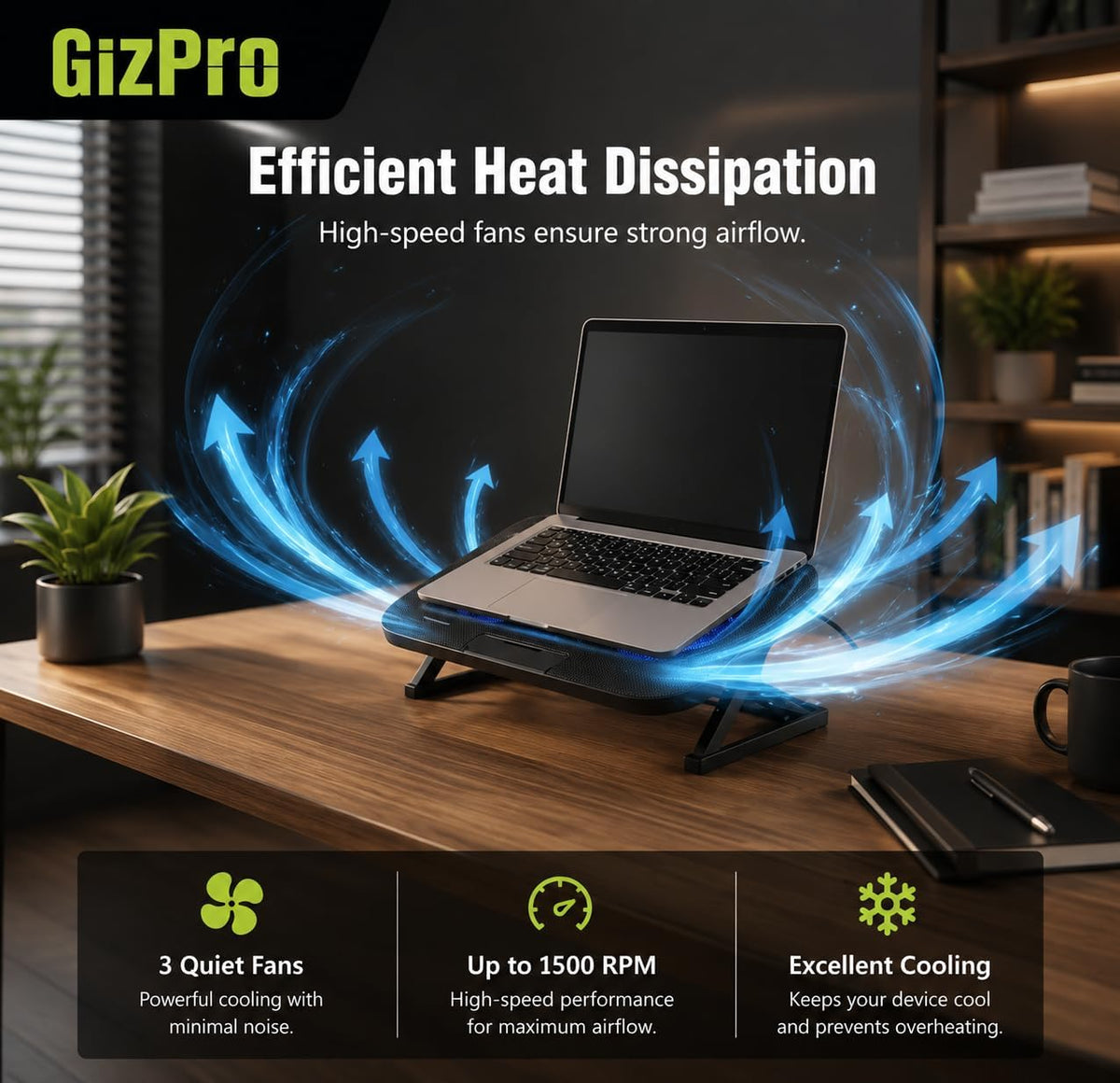 Laptop Cooling Pad with 3 Quiet Fans, 5-Level Height Adjustable Ergonomic Stand, 2 USB Ports & Phone Holder, Fits 12-17 Inch Laptops, Family-Friendly for Gaming/Work/Online Class