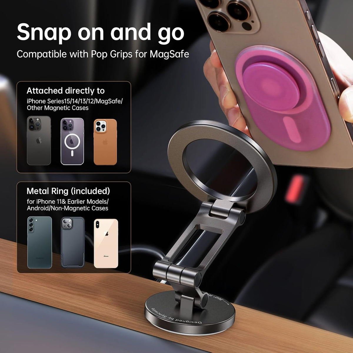Syncwire Fits MagSafe Car Mount Magnetic Phone Holder for Dash and Tesla | Strong Magnets, All Metal, Flexible 3 Axis, 360° Rotation, Dashboard and Screen Support, For iPhone 17 16 15 14 Pro Max