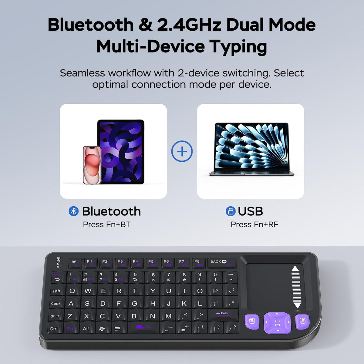 All-in-One Mini Keyboard with Touchpad, a Sturdy Aluminum Frame. Rechargeable & Portable. Seamless Connectivity with iPad, Mac, and PC. The Perfect Companion for Smart Home, IT Tech & Field Service.