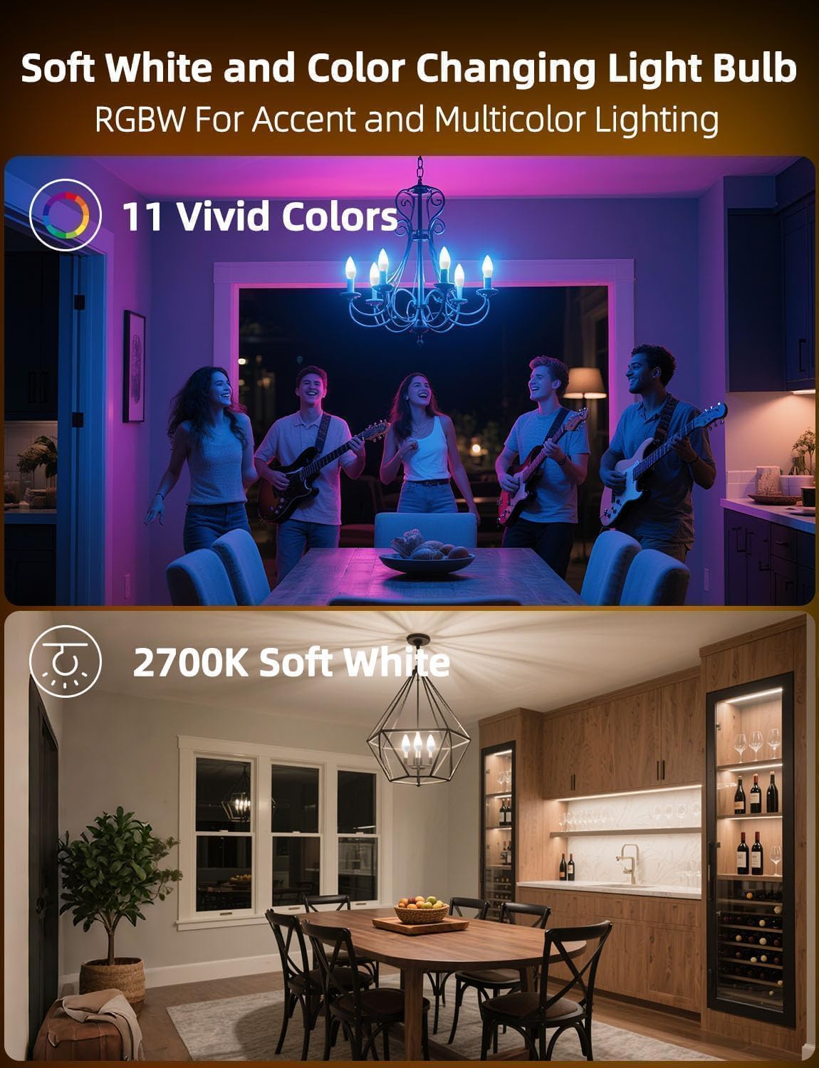 HEKEE E12 Candelabra Light Bulbs, 120V Color Changing Bulb with Remote, Plug-in Only, E12 Base, 12 RGB+2700K Warm White, 40W Equiv (5W), 450LM, Timer, 2 Modes, for Chandelier/Ceiling Fan, 4 Pack