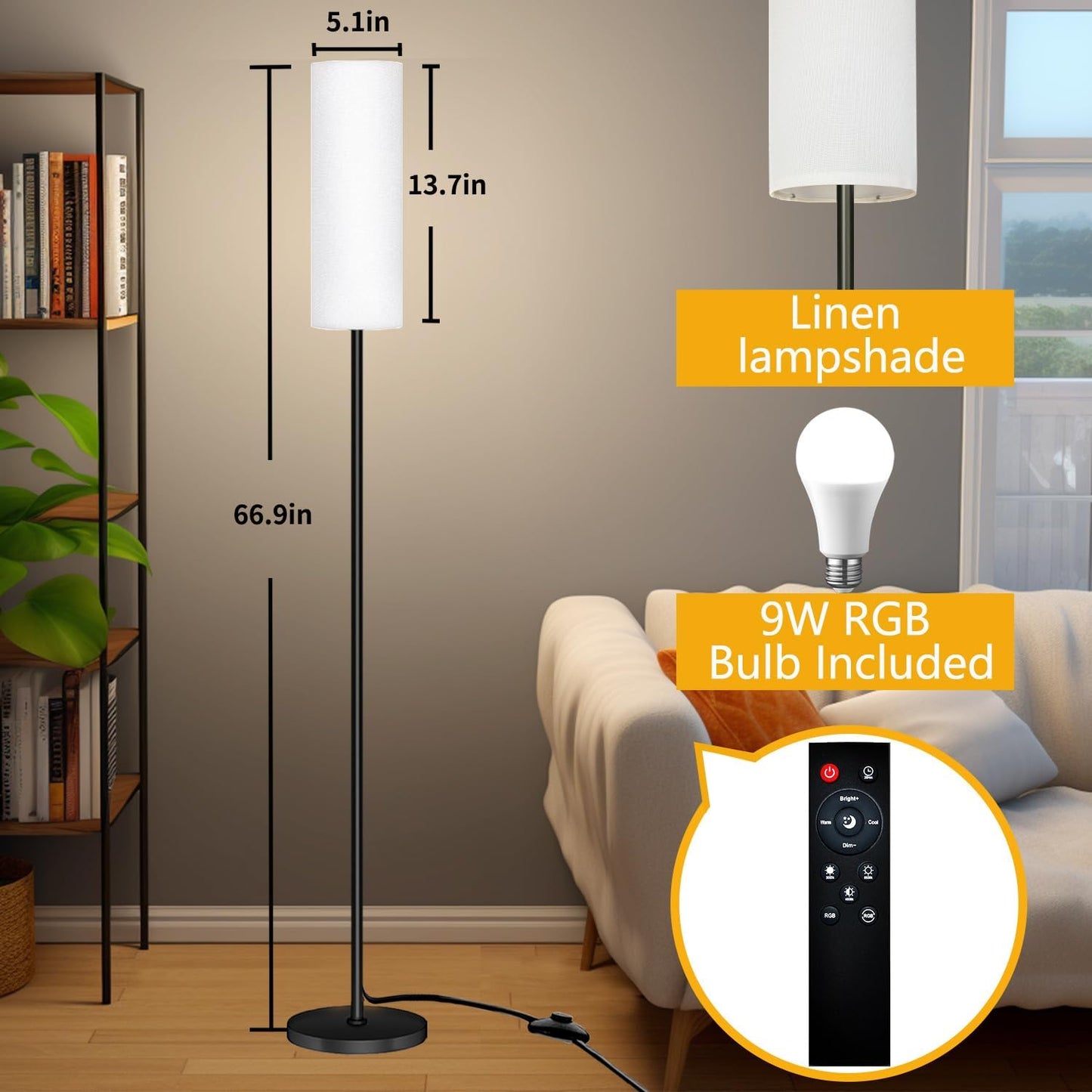 Qaubauyt Smart LED Floor Lamp with APP Control & RGB Colors - Dimmable Standing Lamp for Living Room, Bedroom, Gaming - Remote, Timer, 9W Bulb Included, 67" Modern Tall Lamp (black pole + white shade)