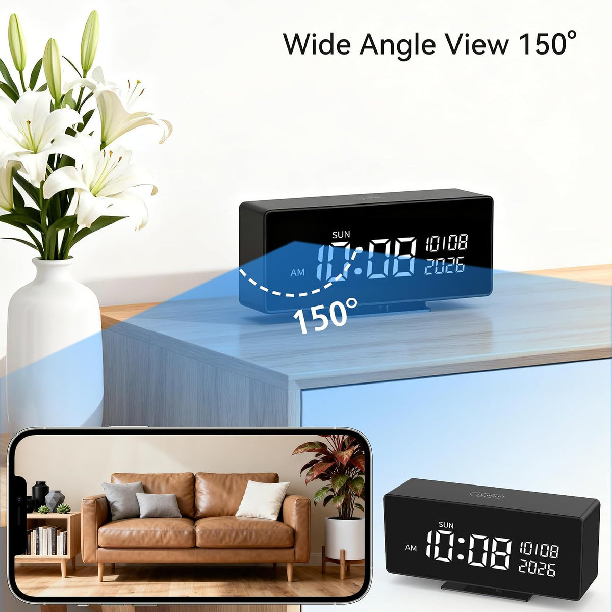 Clock Camera–Indoor Security Camera, Nanny Camera with 2K HD Video,AI Motion Alerts,Digital Clock, Night Vision, 5G&2.4G, Bluetooth Setup,Local & Cloud Storage