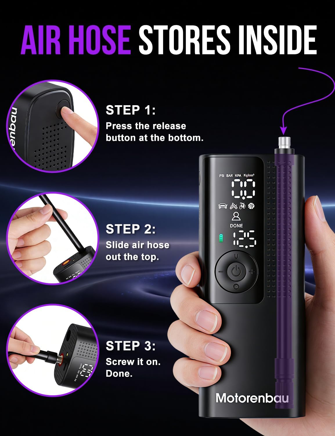 Tire Inflator Portable Air Compressor, 3X Faster Inflation | for Car Tires, Bikes, Motorcycles, Balls, Auto Shut-off, Cordless Air Pump with LED & Digital Pressure Gauge