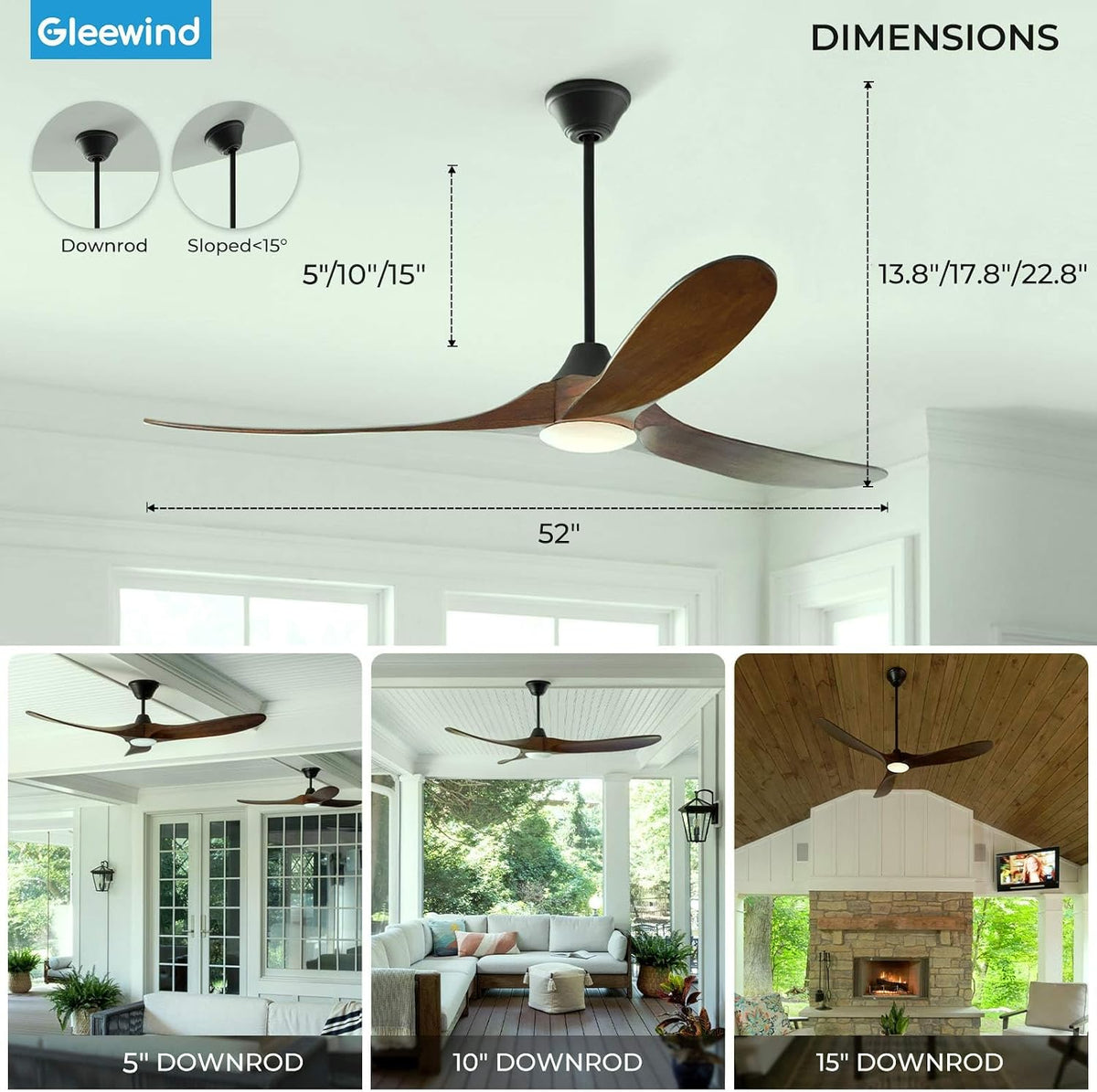 Outdoor Ceiling Fan with Light-Glass Lamp, 52 inch 3 Blade Wood Propeller Ceiling Fans with Lights and Remote Control for Patios, Exterior Damp Rated High CFM Ceiling Fans Modern Smart APP, Walnut