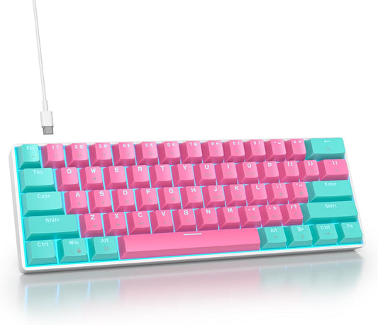 Portable 60% Mechanical Gaming Keyboard, 60 Percent Red Switch LED Backlit, 61 Keys Mini Pink USB Wired Office Keyboard for Windows Mac Laptop PC
