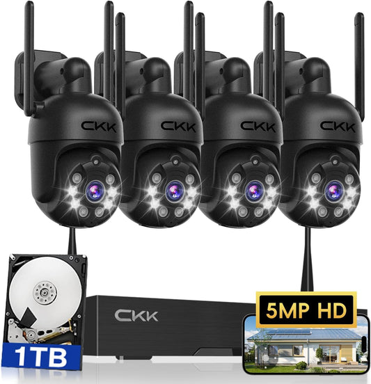 [3K, 360° View] 5MP Wireless Security Camera System, 4pcs 3K PTZ Cameras Outdoor Indoor, C102 Dual WiFi Surveillance System NVR with 4LED Floodlights & Siren Alarm, 2 Way Audio,Motion Sensor,1TB HDD