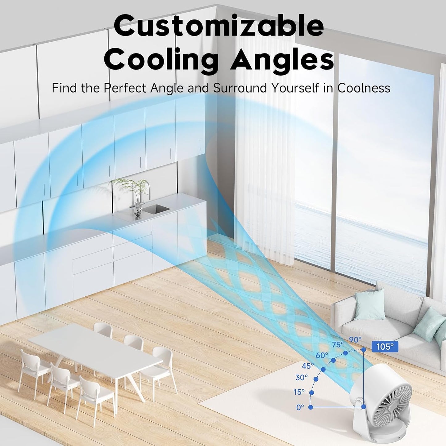 YOSHENMO Desk Fan, Turbo Table Fan for Bedroom, 100-Speed Digital Display, Low Noise, 105° Adjustable Tilt, 7.5-inch, Rechargeable Battery, Wall-Mouted Design for Home, Office, Travel Dark White