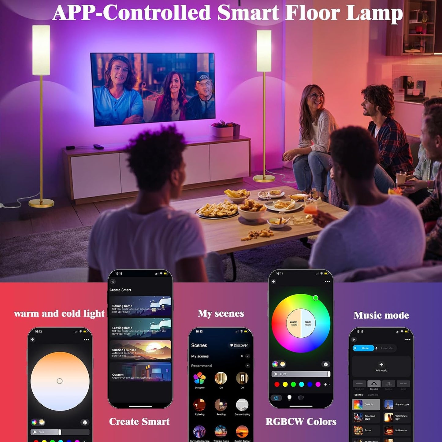 Qaubauyt Smart LED Floor Lamp with APP Control & RGB Colors - Dimmable Standing Lamp for Living Room, Bedroom, Gaming - Remote, Timer, 9W Bulb Included, 67" Modern Tall Lamp (Gold)