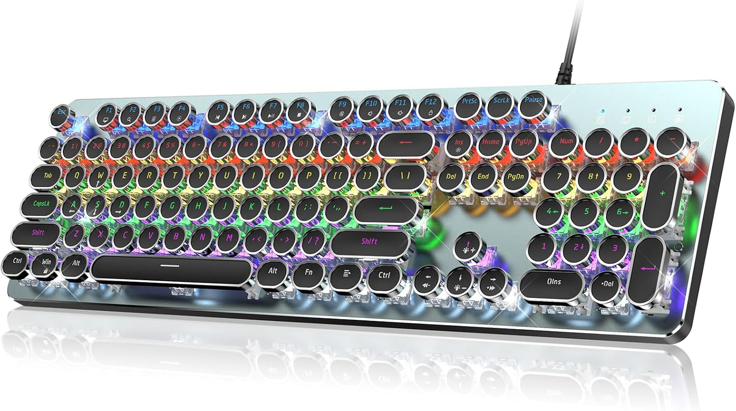 Typewriter Wired Mechanical Gaming Keyboard, Blue Switch LED Backlit | Metal Panel, Retro Punk Round Keycaps, 104 Keys Wired Keyboard for PC Laptop Mac Gamer, LED Rainbow Backlit,RisoPhy
