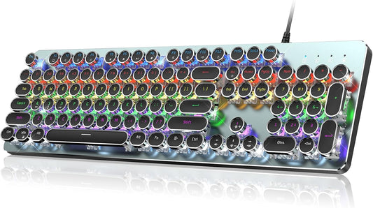Typewriter Wired Mechanical Gaming Keyboard, Blue Switch LED Backlit | Metal Panel, Retro Punk Round Keycaps, 104 Keys Wired Keyboard for PC Laptop Mac Gamer, LED Rainbow Backlit,RisoPhy