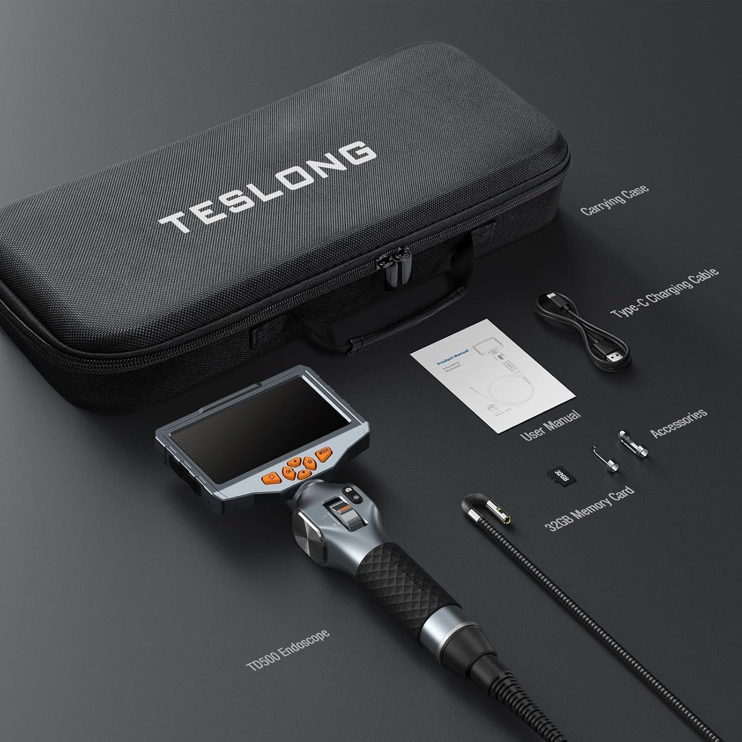 Teslong TD500 6.5mm Articulating Borescope with Dual Lens Endoscope | Mechanic Automotive HVAC Wall Inspection Tool, 5" IPS Screen, 6+1 LED Lights, 1.0MP HD, 32GB, IP67 Waterproof, Carrying Case