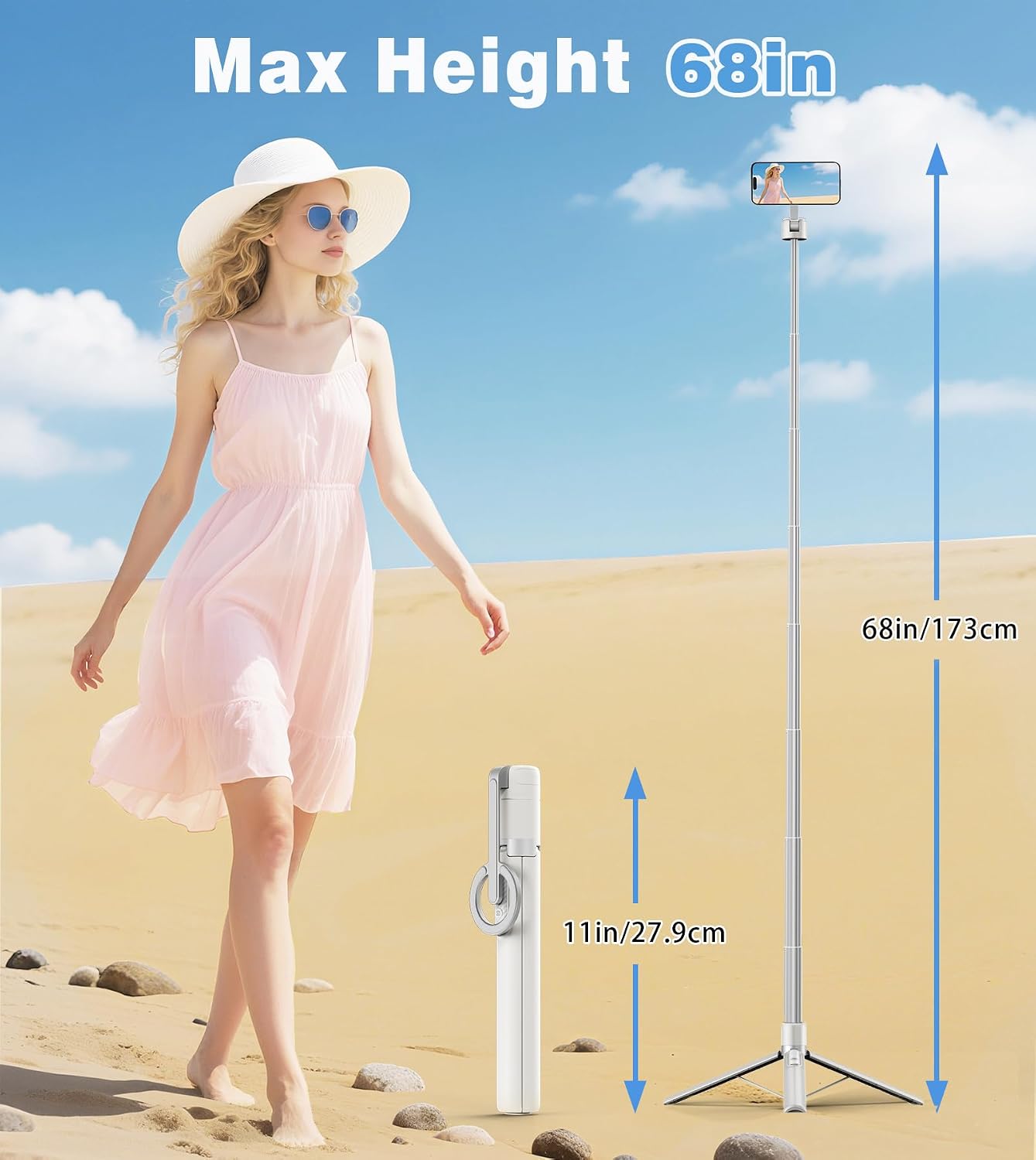 TONEOF 68" Magnetic Aluminum Phone Tripod Selfie Stick for iPhone & Android | Rechargeable Remote,360° Rotatable Foldable Cell Phone Stand Holder with Metal Ring,Travel Tripod for Magsafe (Beige Gray)