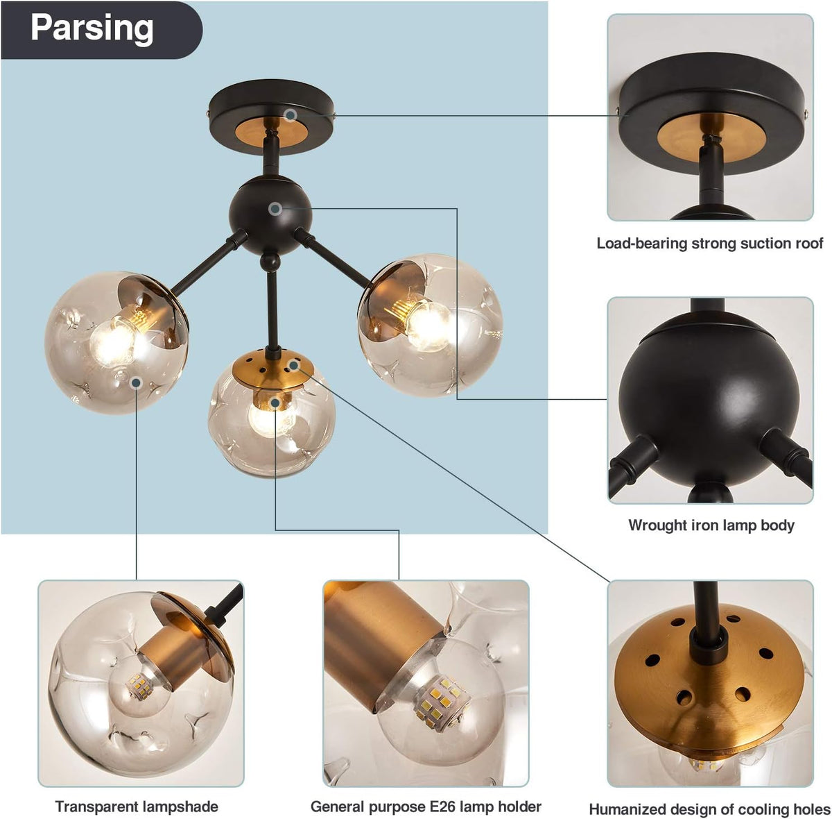 3-Light Chandelier ，Vintage Semi Flush Mount Ceiling Light Fixture with Glass Globe， Black Ceiling Light for Hallway Stairway Porch Entryway Kitchen Bedroom Laundry Farmhouse..