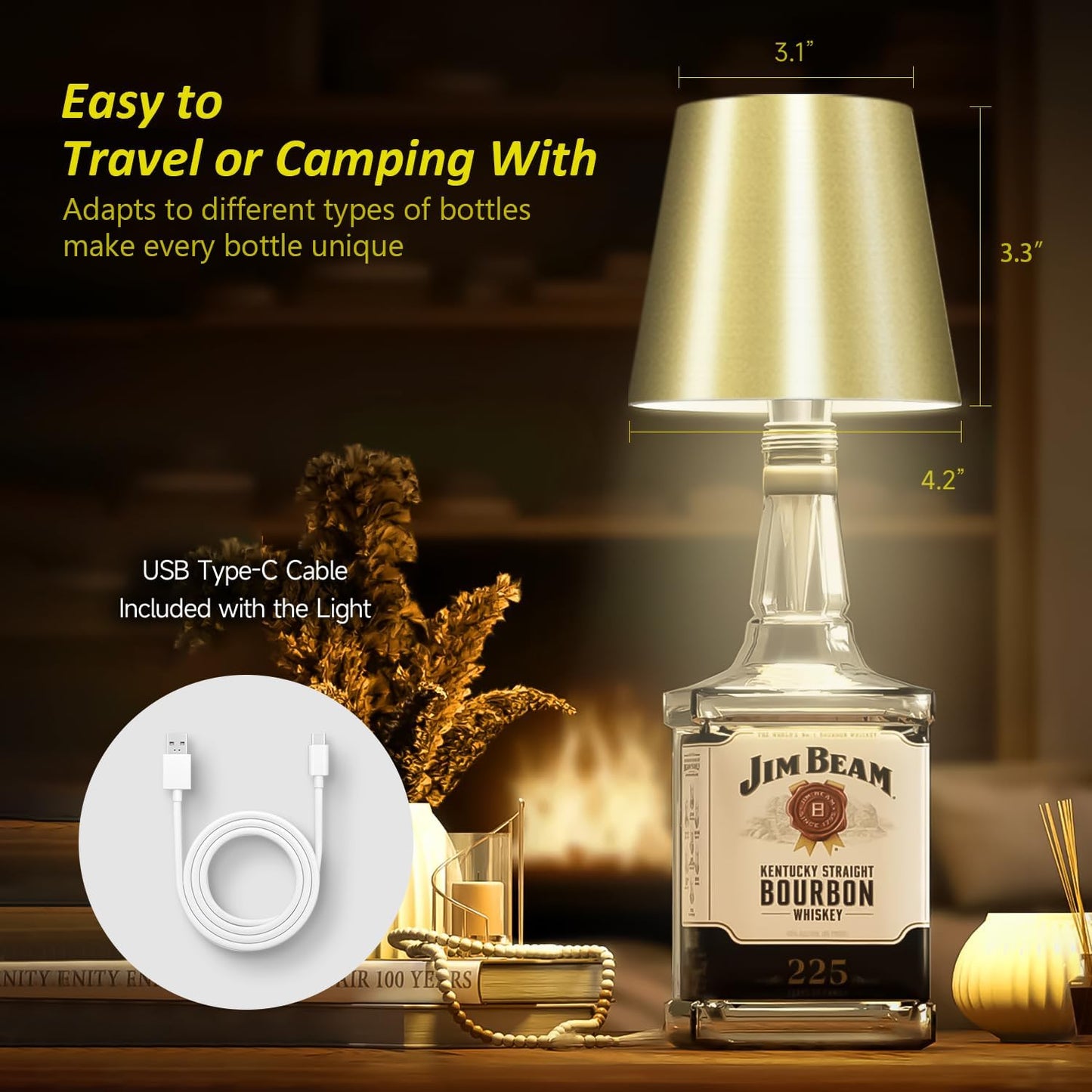 2025 New Wireless Bottle Lamp - LED Bottle Lights for Liquor & Wine Bottles, Cordless Lampshade, Whiskey Bottle Top Light, Bottle Stopper Night Light Kit, Rechargeable 3-Tone Touch-Dimmable