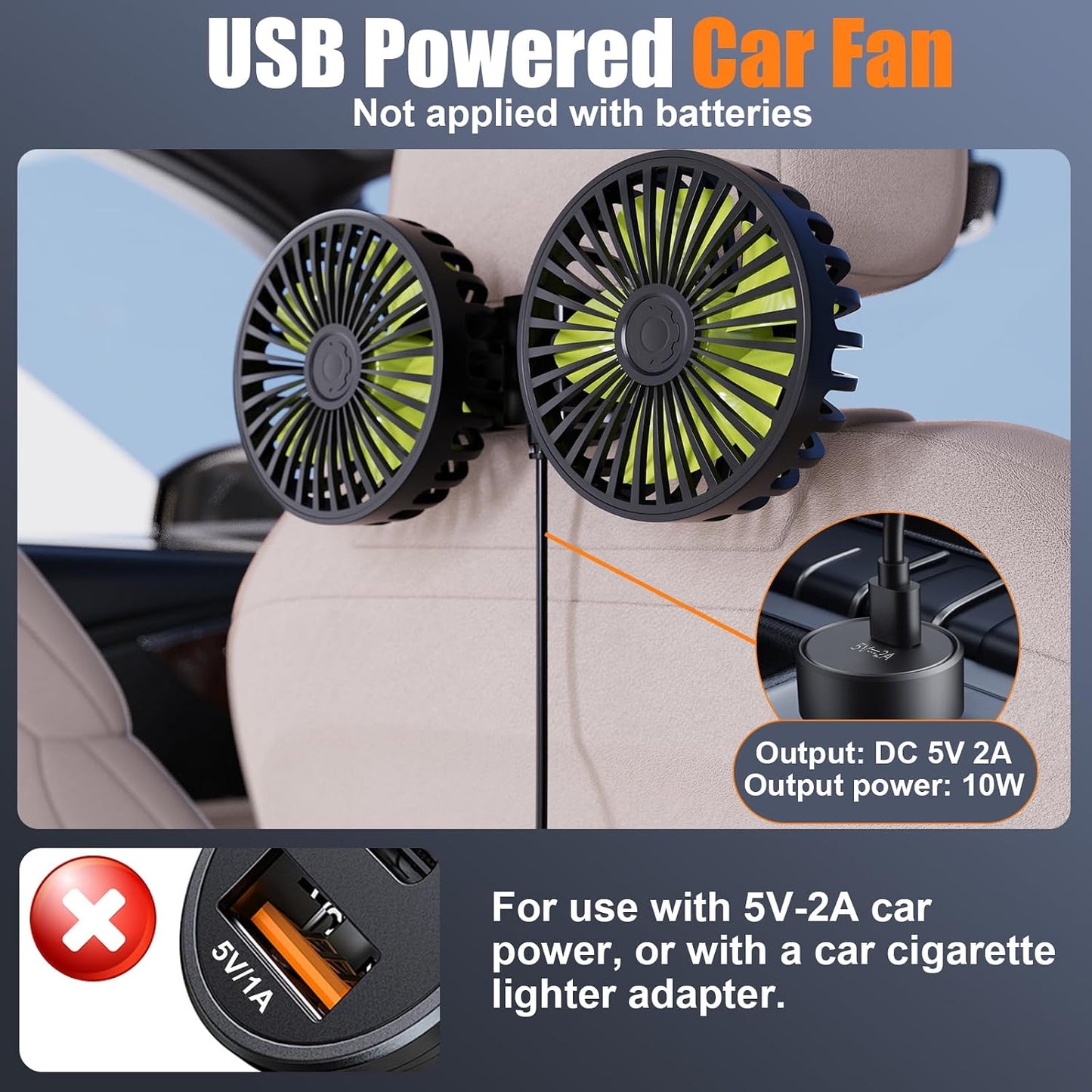 Dual-Head USB Car Cooling Fans for Backseat Kids 3 Adjustable Speeds