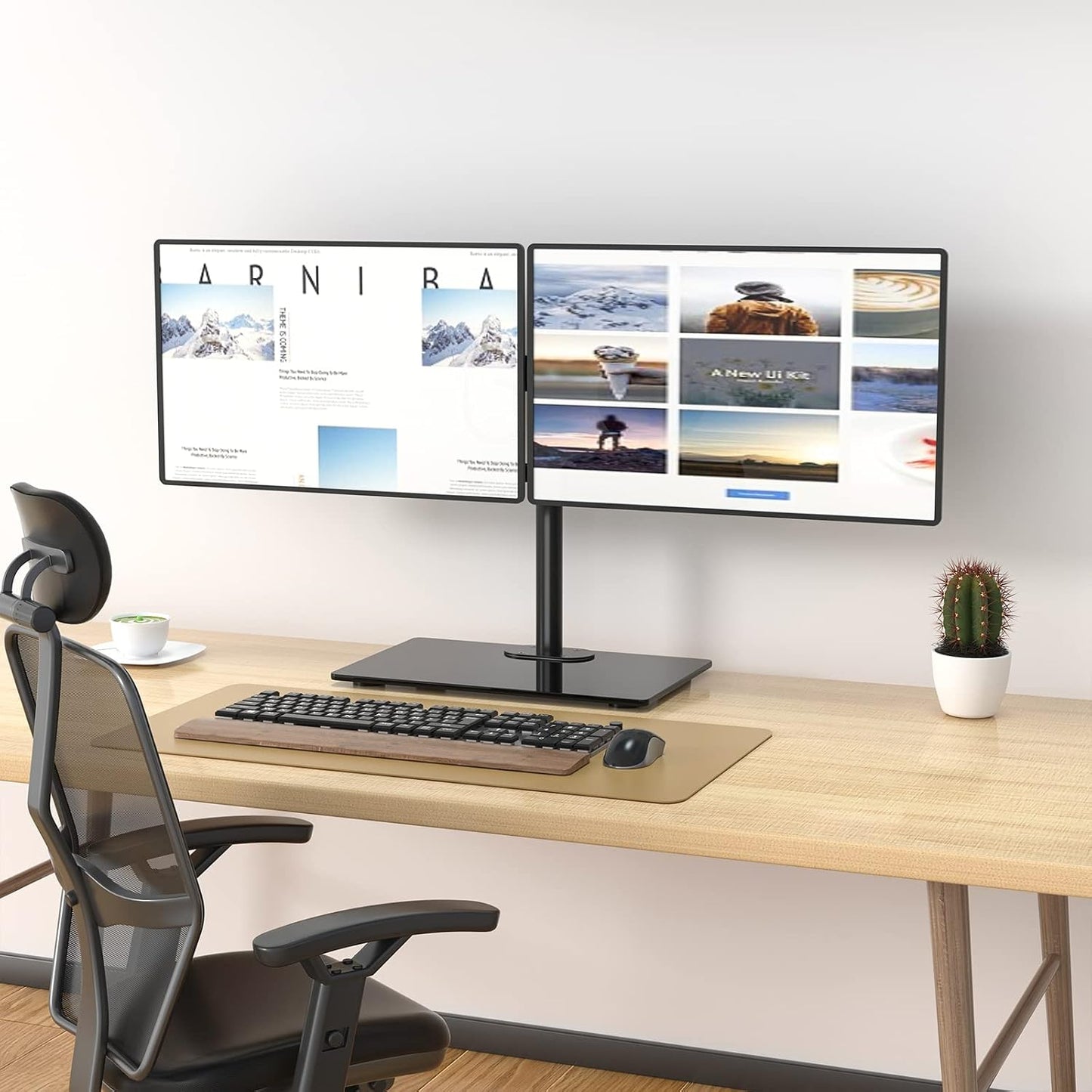 WALI Free Standing Dual Monitor Stand, Height Adjustable Monitor Mount with Glass Base, Fits LCD LED Flat Curved Screen up to 27 inch, 22lbs, with Grommet Base (GMF002)