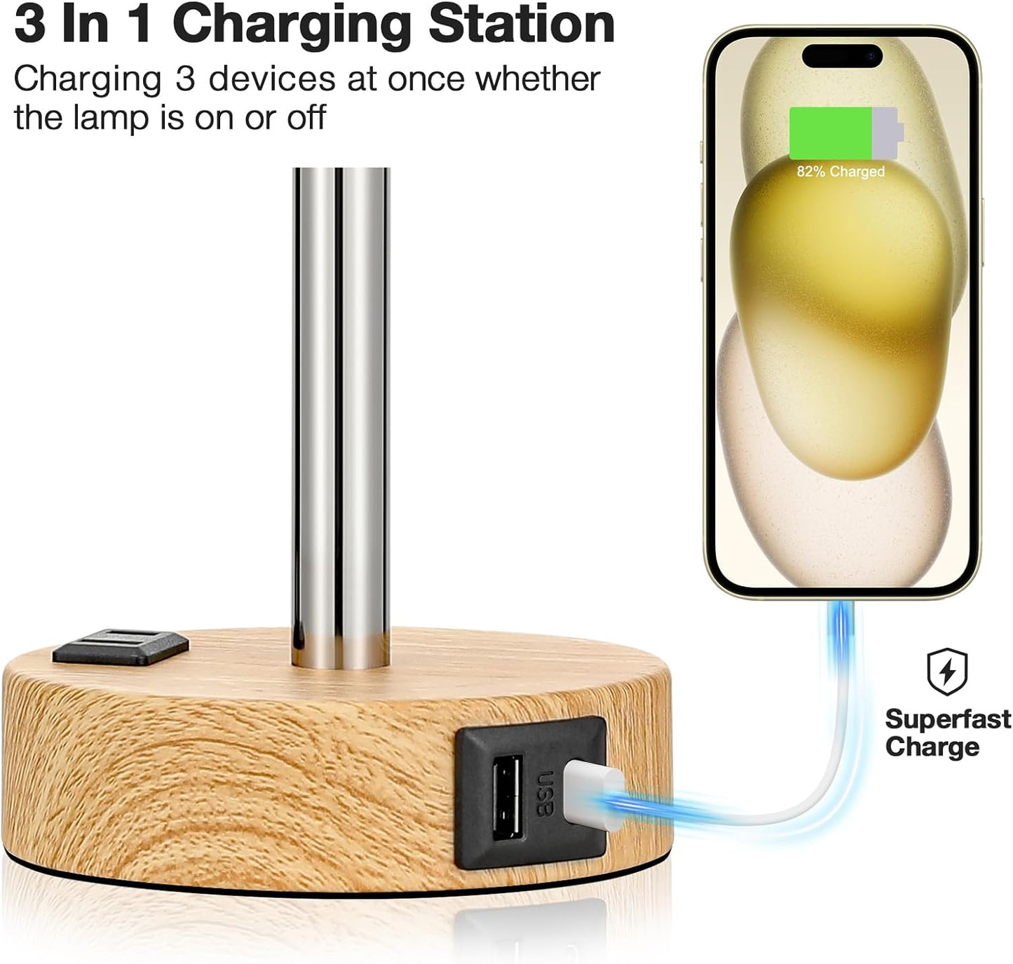 Bedside Table Lamp for Bedroom - Dimmable Touch, USB A+C, AC Outlet | 3-Way Dimmable, LED Bulb Included, Fabric Lampshade, Wood-Grain Metal Base, 14" Small Nightstand Lamp for Desk, Living Room
