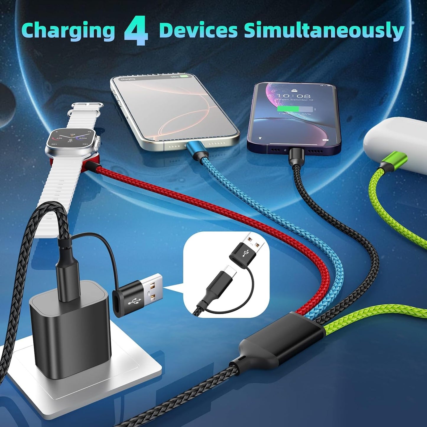 Multi Charging Cable with iWatch Charger, 2 Pack 5FT Travel Essentials | One Cable Charges Multiple Devices, Perfect for Travel, Cruises, Road Trips and Everyday Use while Reducing Cable Clutter