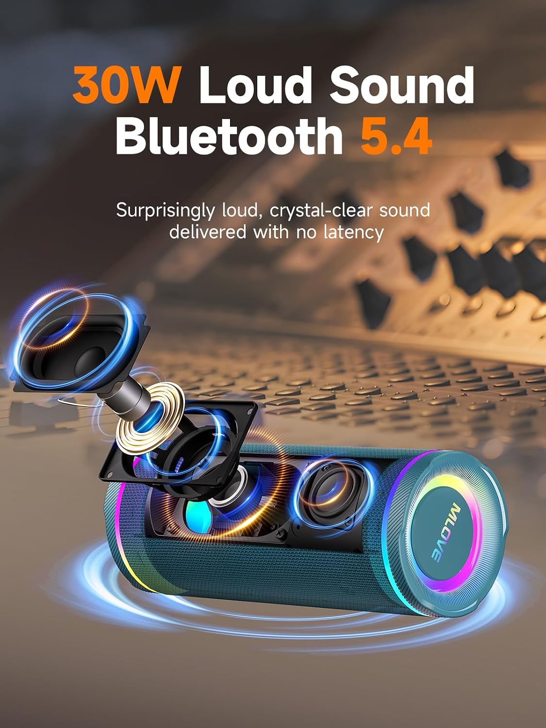 MLOVE E80 Speakers Bluetooth Wireless, Portable Bluetooth Speaker with Aux Input, Micro SD Card Slot, Bass Boost, Dual Pairing, Lights, IPX7 Waterproof, BT5.4 for Outdoor, Travel, Car, TV, 30W, Blue