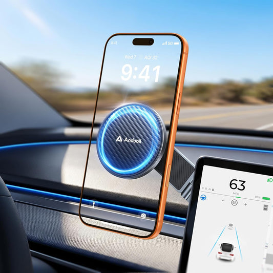 andobil Upgrade Tesla Phone Mount [Strong Magnet & Foldable] MagSafe Car Mount for Tesla New Model Y Juniper Model 3, 360° Adjustable Tesla Phone Holder fits iPhone 17 16 15 Pro Max, Tesla Accessories